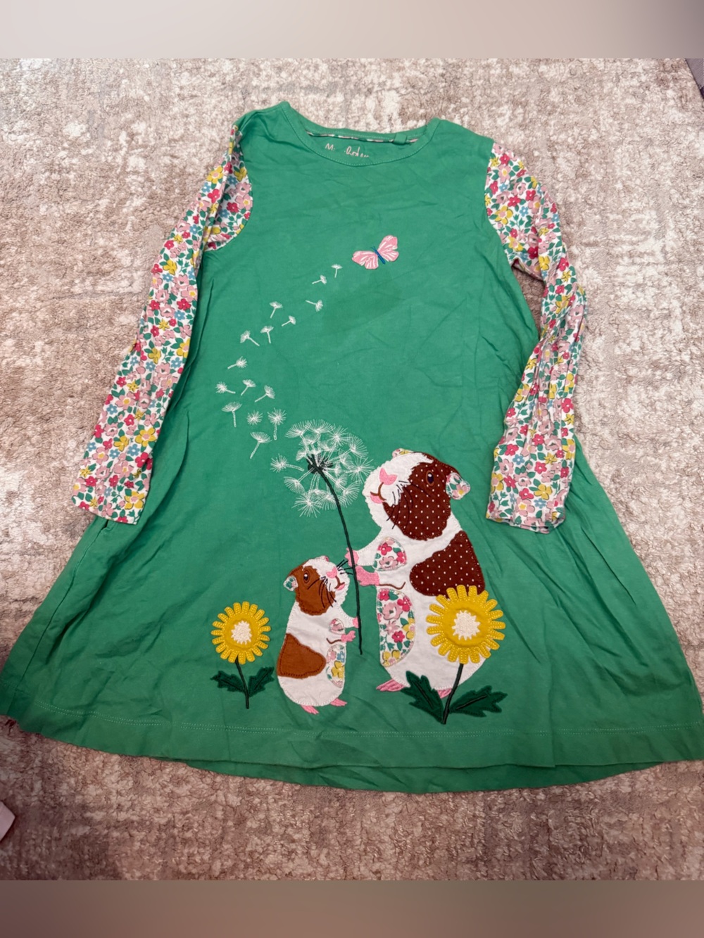 Mini Boden Green Dress with Floral Sleeves and Guinea Pig Appliqué size 6/7